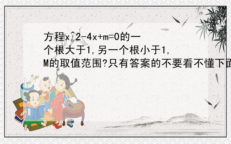 方程x^2-4x+m=0的一个根大于1,另一个根小于1,M的取值范围?只有答案的不要看不懂下面那个谁能再给个过程么froser是错的