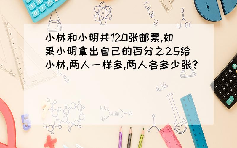 小林和小明共120张邮票,如果小明拿出自己的百分之25给小林,两人一样多,两人各多少张?