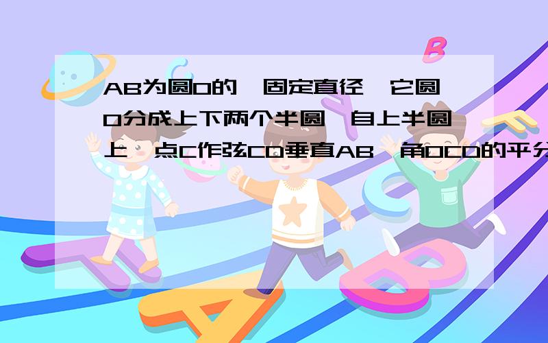 AB为圆O的一固定直径,它圆O分成上下两个半圆,自上半圆上一点C作弦CD垂直AB,角OCD的平分线交圆O于点P,当点C在上半圆上移动时,试判断⌒AP与⌒BP相等吗?并说明理由、