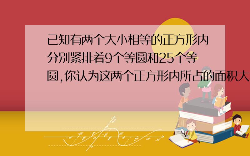 已知有两个大小相等的正方形内分别紧排着9个等圆和25个等圆,你认为这两个正方形内所占的面积大小相等吗?