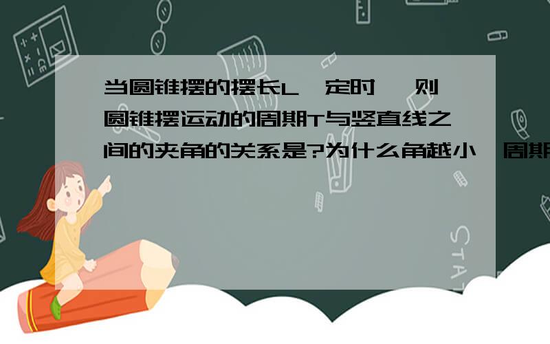 当圆锥摆的摆长L一定时 ,则圆锥摆运动的周期T与竖直线之间的夹角的关系是?为什么角越小,周期T越长?