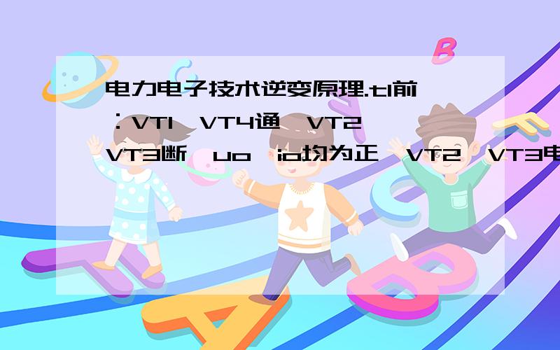 电力电子技术逆变原理.t1前：VT1、VT4通,VT2、VT3断,uo、io均为正,VT2、VT3电压即为uot1时：触发VT2、VT3使其开通,uo加到VT4、VT1上使其承受反压而关断,电流从VT1、VT4换到VT3、VT2.t1必须在uo过零前并