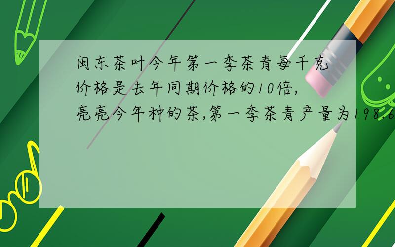 闽东茶叶今年第一季茶青每千克价格是去年同期价格的10倍,亮亮今年种的茶,第一季茶青产量为198.6千克,比去年同期减少87.4千克,但收入却比去年同期增加8500元.亮亮今年第一季茶青收入多少?