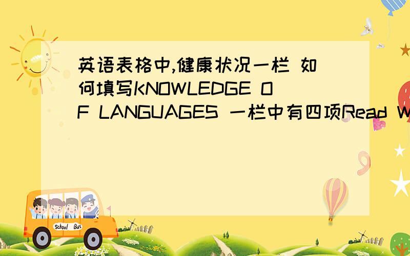 英语表格中,健康状况一栏 如何填写KNOWLEDGE OF LANGUAGES 一栏中有四项Read Write Speak Understand下面各有两列 Easily Not easily该怎么填