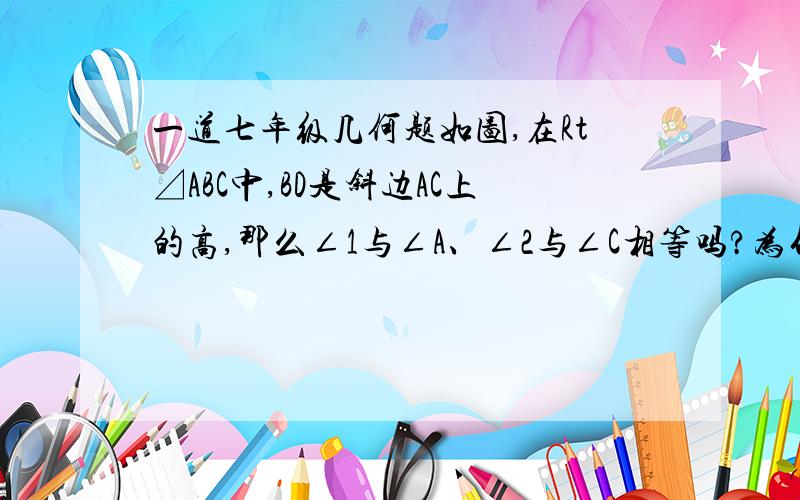 一道七年级几何题如图,在Rt⊿ABC中,BD是斜边AC上的高,那么∠1与∠A、∠2与∠C相等吗?为什么?