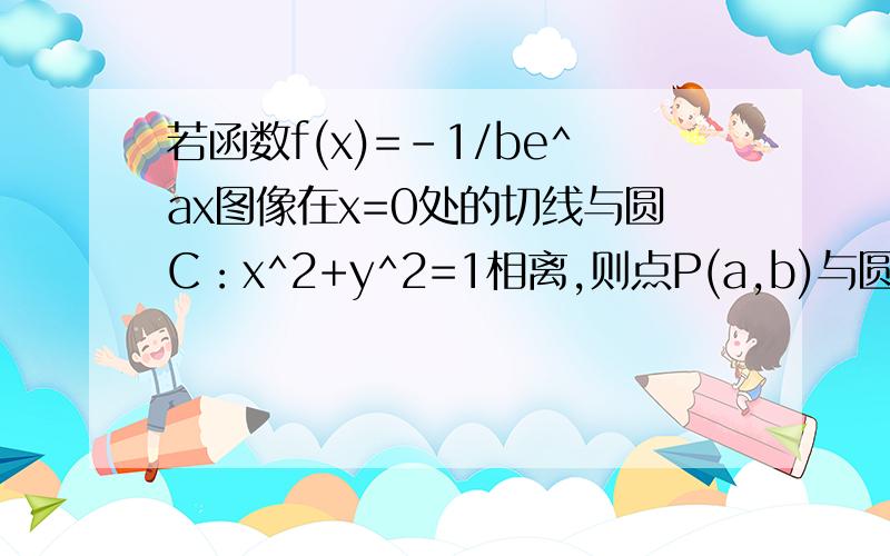 若函数f(x)=-1/be^ax图像在x=0处的切线与圆C：x^2+y^2=1相离,则点P(a,b)与圆C的位置关系是A 在圆外 B 在圆内 C 在圆上 D不能确定