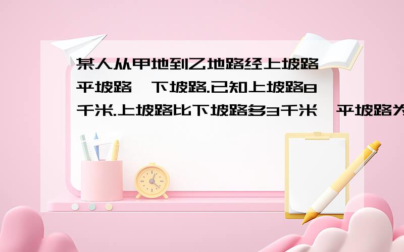 某人从甲地到乙地路经上坡路、平坡路、下坡路.已知上坡路8千米.上坡路比下坡路多3千米,平坡路为12千米.补充：此人去时骑自行车,回来时步行.已知步行速度是汽车速度的1/3,且上、下坡路