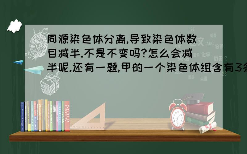 同源染色体分离,导致染色体数目减半.不是不变吗?怎么会减半呢.还有一题,甲的一个染色体组含有3条染色体,如果由该生物的卵细胞单独培育成的生物的体细胞含有2个染色体组.为什么是2个.