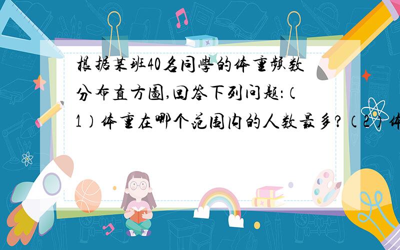 根据某班40名同学的体重频数分布直方图,回答下列问题：（1）体重在哪个范围内的人数最多?（2）体重超过59.5kg的同学占全班同学的百分之几?39.5—44.5有3人,44.5—49.5有8人,49.5—54.5有13人,54.5