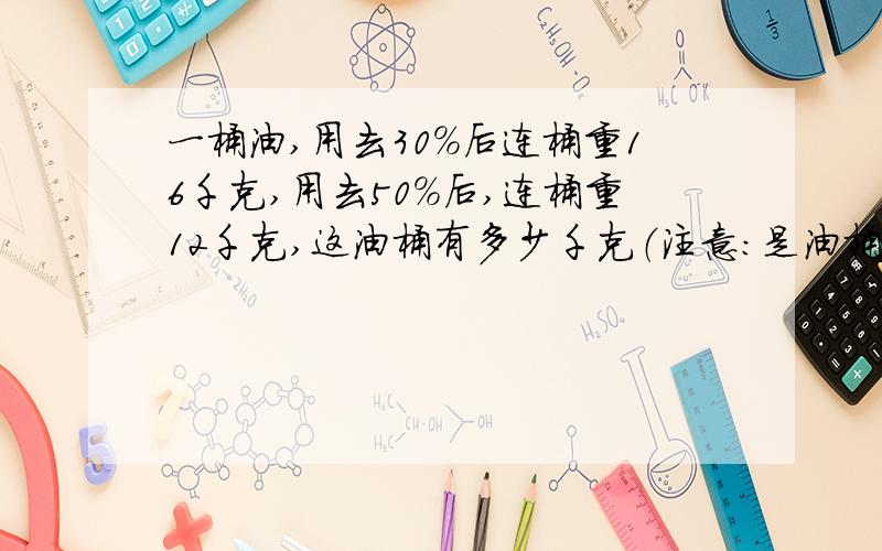 一桶油,用去30％后连桶重16千克,用去50％后,连桶重12千克,这油桶有多少千克（注意：是油桶的重量）某商场的一种皮衣销售有一定困难,老板算了下,如果按销售价打九折,还可以盈利215元,如果