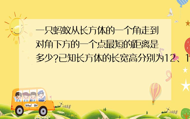 一只蚂蚁从长方体的一个角走到对角下方的一个点最短的距离是多少?已知长方体的长宽高分别为12、10、8.