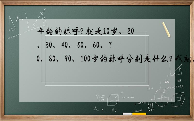 年龄的称呼?就是10岁、20、30、40、50、60、70、80、90、100岁的称呼分别是什么?我就知道个什么‘古稀、花甲’什么的,但不知道对应哪个年龄.