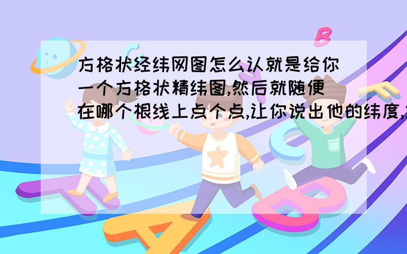 方格状经纬网图怎么认就是给你一个方格状精纬图,然后就随便在哪个根线上点个点,让你说出他的纬度,经度,东西半球.南北半球,