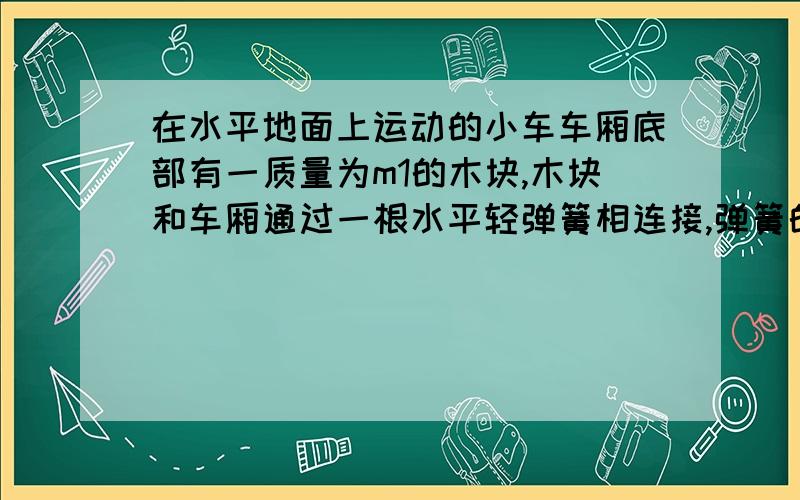 在水平地面上运动的小车车厢底部有一质量为m1的木块,木块和车厢通过一根水平轻弹簧相连接,弹簧的劲度系数为k.在车厢的顶部用一根细线悬挂一质量为m2的小球.某段时间内发现细线与竖直