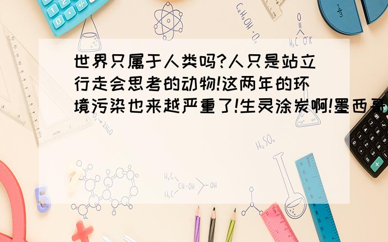 世界只属于人类吗?人只是站立行走会思考的动物!这两年的环境污染也来越严重了!生灵涂炭啊!墨西哥的漏油事件,然后是如今的紫金矿业,大连的油管漏油等等太多了.请问你们是在造福人类还