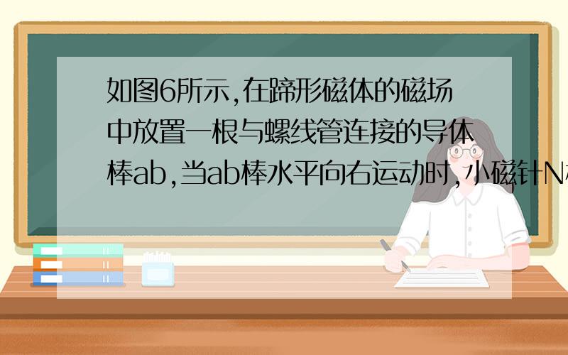 如图6所示,在蹄形磁体的磁场中放置一根与螺线管连接的导体棒ab,当ab棒水平向右运动时,小磁针N极转至右边.可使如图6所示位置的小磁针N极转至左边的操作是图7中的（ ）注明：怎么判断电