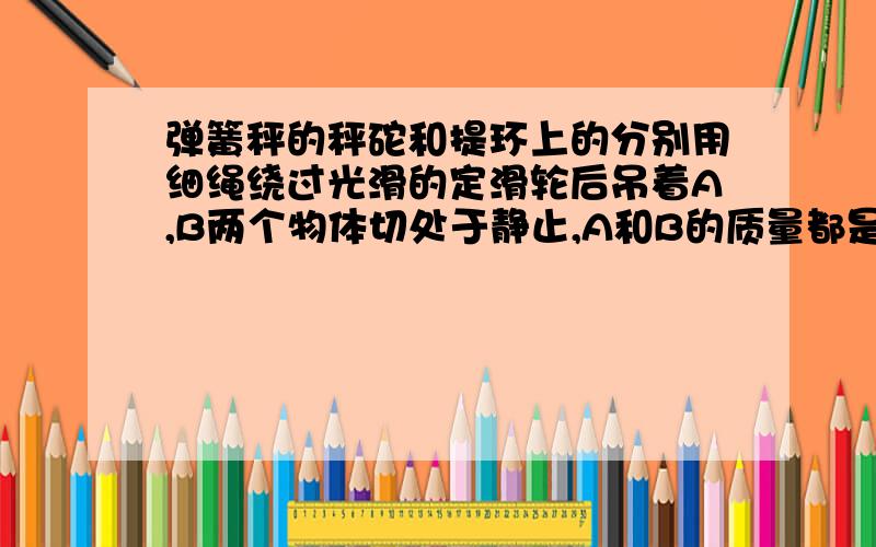 弹簧秤的秤砣和提环上的分别用细绳绕过光滑的定滑轮后吊着A,B两个物体切处于静止,A和B的质量都是0.5KG,则弹簧秤的读数为()N(不计弹簧秤自重和细绳摩擦,下同)假如A物匀速下降,则读数又为