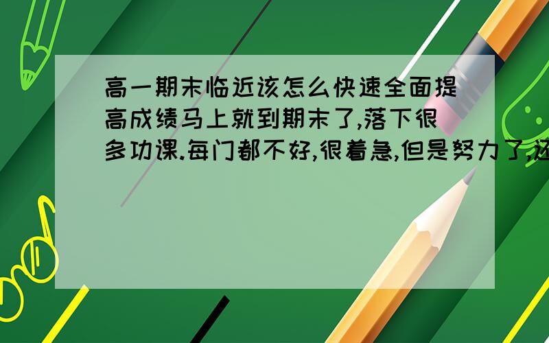 高一期末临近该怎么快速全面提高成绩马上就到期末了,落下很多功课.每门都不好,很着急,但是努力了,还是上不去.不知道该怎么拿出效率,怎么利用好时间.