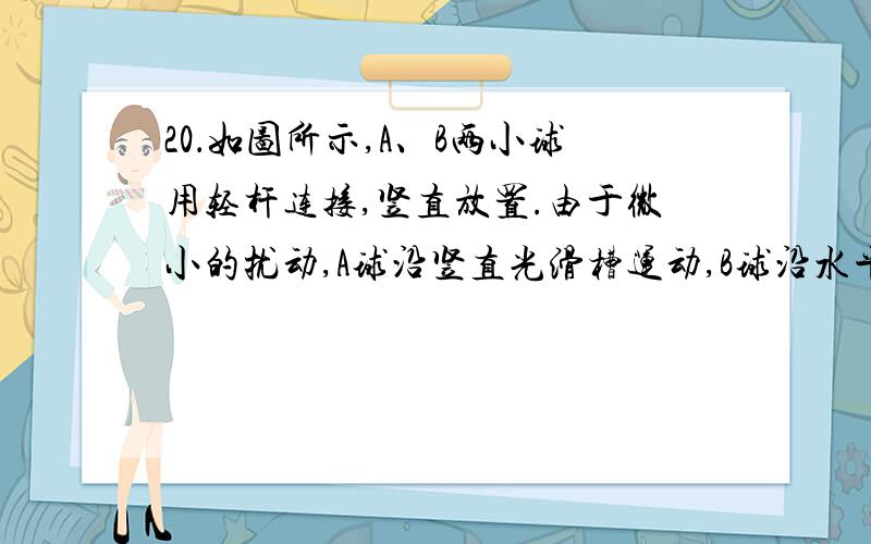 20．如图所示,A、B两小球用轻杆连接,竖直放置.由于微小的扰动,A球沿竖直光滑槽运动,B球沿水平光滑槽运动.则在A球到达底端前（ ）（A）A球的机械能先减小后增大（B）轻杆对A球做负功,对B