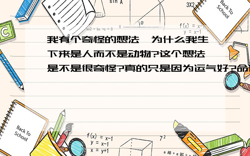 我有个奇怪的想法,为什么我生下来是人而不是动物?这个想法是不是很奇怪?真的只是因为运气好?命运安排我投胎成人而不是动物吗?我 不是说我想做其他动物 - 我当然知道人也是动物，而且