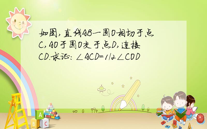 如图,直线AB一圆O相切于点C,AO于圆O交于点D,连接CD.求证:∠ACD=1/2∠COD