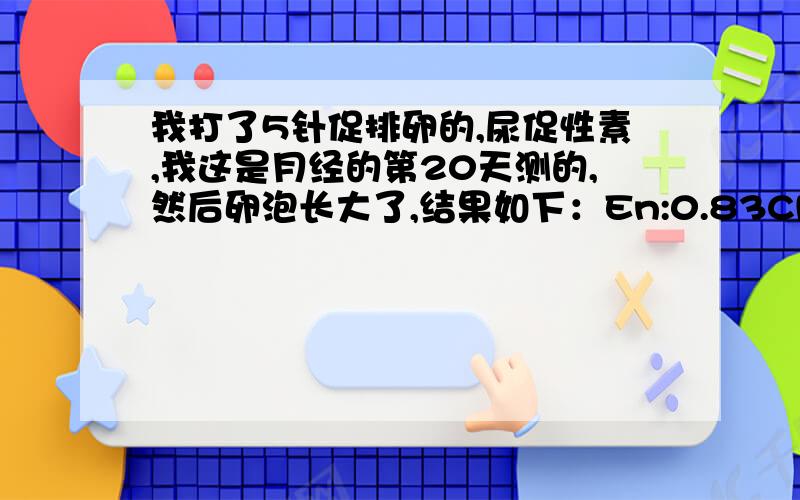 我打了5针促排卵的,尿促性素,我这是月经的第20天测的,然后卵泡长大了,结果如下：En:0.83CMRov:4.1*2.4cm 内见12个卵泡 1.8*1.9cm 1.3*1.5cmLov:4.7*2.7cm 内见10个卵泡 1.7*1.7 1.3*1.4cm现在医生让我打绒促性