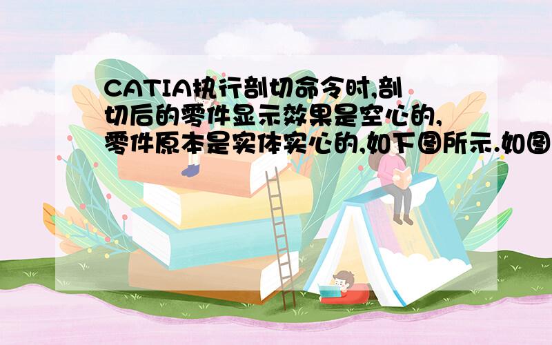 CATIA执行剖切命令时,剖切后的零件显示效果是空心的,零件原本是实体实心的,如下图所示.如图示,第一个图为为剖切前的零件,为实体拉伸生成,为实心.第二个图为剖切后的效果,显示为空心,零