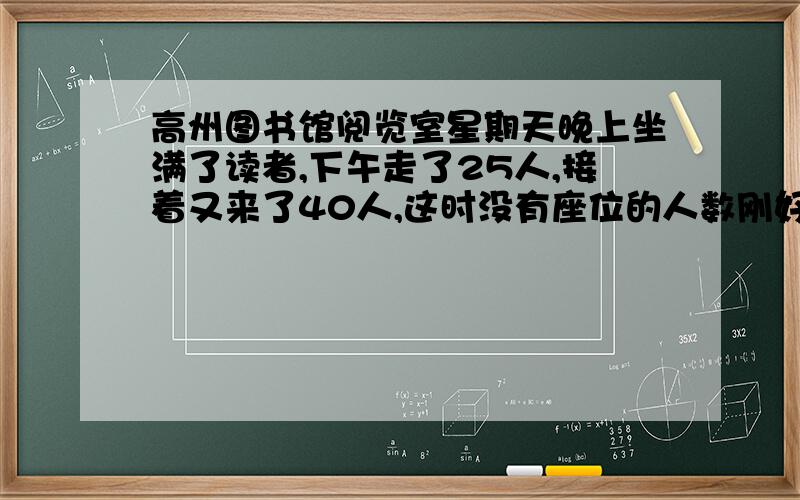 高州图书馆阅览室星期天晚上坐满了读者,下午走了25人,接着又来了40人,这时没有座位的人数刚好是阅览室作为总数的4/1,请问阅览室最多能坐多少人?