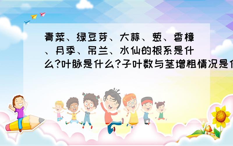 青菜、绿豆芽、大蒜、葱、香樟、月季、吊兰、水仙的根系是什么?叶脉是什么?子叶数与茎增粗情况是什么?青菜：绿豆芽：大蒜：葱：香樟：月季：吊兰：水仙：根系是什么?叶脉是什么?子