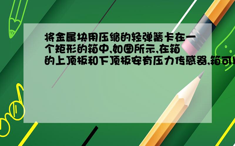 将金属块用压缩的轻弹簧卡在一个矩形的箱中,如图所示,在箱的上顶板和下顶板安有压力传感器,箱可以沿竖直轨道运动.当箱以a=2m/s^2 的加速度做竖直向上的匀减速运动时,上顶板的传感器显