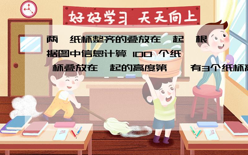 两摞纸杯整齐的叠放在一起,根据图中信息计算 100 个纸 杯叠放在一起的高度第一摞有3个纸杯高11cm,第二摞有7个纸杯高17cm