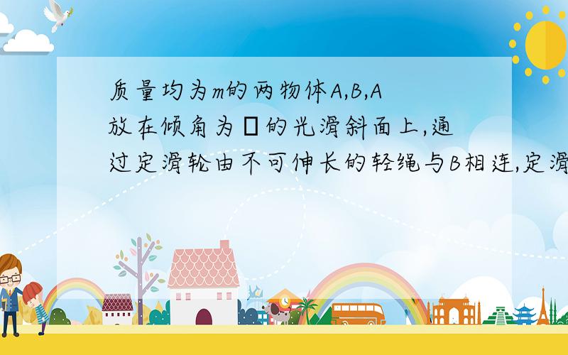 质量均为m的两物体A,B,A放在倾角为α的光滑斜面上,通过定滑轮由不可伸长的轻绳与B相连,定滑轮是半径为R的圆盘,其质量也为m,物体运动时,绳与滑轮无相对滑动,求绳中张力T1和T2及物体的加速