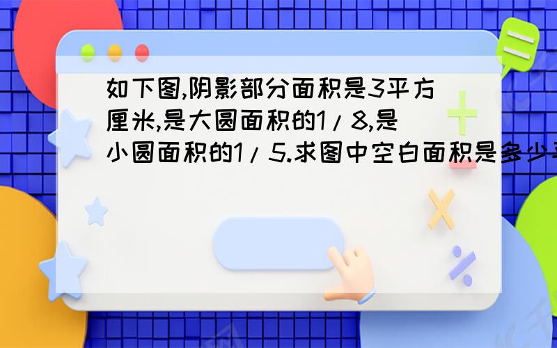 如下图,阴影部分面积是3平方厘米,是大圆面积的1/8,是小圆面积的1/5.求图中空白面积是多少平方米?