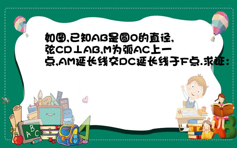 如图,已知AB是圆O的直径,弦CD⊥AB,M为弧AC上一点,AM延长线交DC延长线于F点.求证：∠AMD=∠FMC.帮帮忙吧