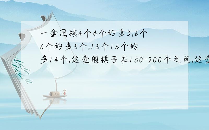 一盒围棋4个4个的多3,6个6个的多5个,15个15个的多14个,这盒围棋子在150-200个之间,这盒围棋多少个