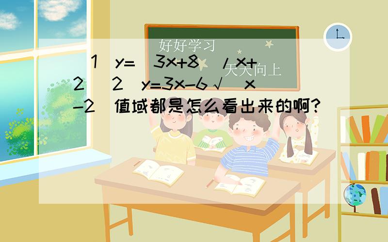 （1）y=（3x+8）/x+2 （2）y=3x-6√(x-2)值域都是怎么看出来的啊?