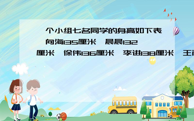 一个小组七名同学的身高如下表,向海135厘米,晨晨132厘米,徐伟136厘米,李进138厘米,王丙137厘米,吴飞134厘米,范英140厘米平均身高是多少厘?（1）算出这七名同学的平均身高?（2）如果把平均身