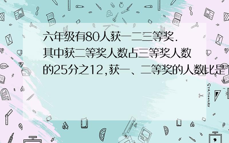 六年级有80人获一二三等奖.其中获二等奖人数占三等奖人数的25分之12,获一、二等奖的人数比是1:4.获一二三等奖一共有多少人?