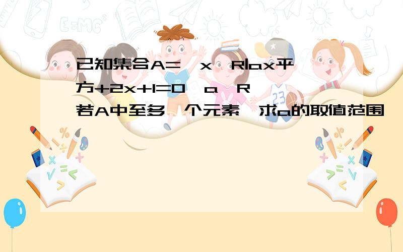 已知集合A={x∈R|ax平方+2x+1=0,a∈R},若A中至多一个元素,求a的取值范围