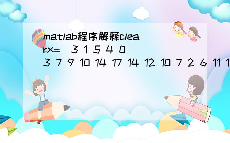 matlab程序解释clearx=[3 1 5 4 0 3 7 9 10 14 17 14 12 10 7 2 6 11 15 19 22 21 27 15 15 20 21 24 25 28 5 17 25 9 9 30 0];y=[2 5 4 7 8 11 9 6 2 0 3 6 9 12 14 16 18 17 12 9 5 0 9 19 14 17 13 20 16 18 12 16 7 20 15 12 0];t=[1.50 1.50 0.55 1.20 0.85 1.