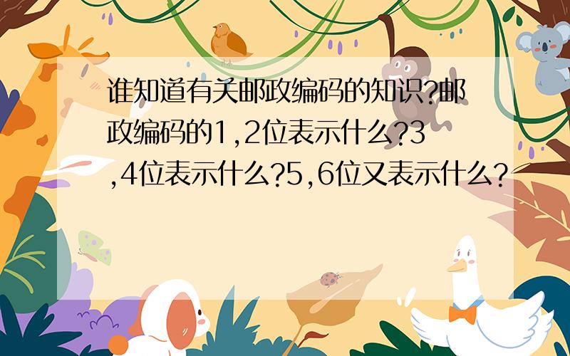 谁知道有关邮政编码的知识?邮政编码的1,2位表示什么?3,4位表示什么?5,6位又表示什么?