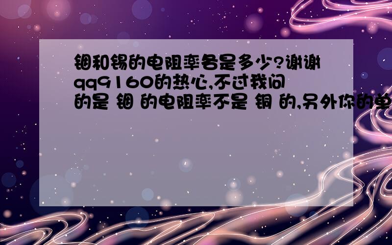 铟和锡的电阻率各是多少?谢谢qq9160的热心,不过我问的是 铟 的电阻率不是 铜 的,另外你的单位不对.