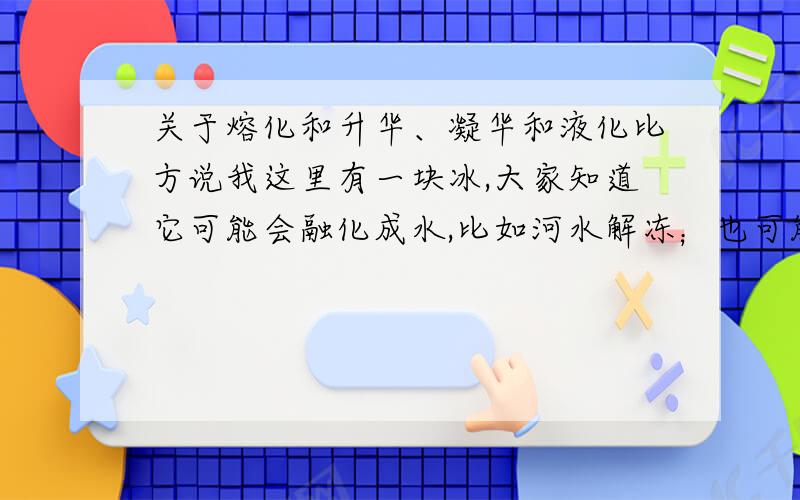 关于熔化和升华、凝华和液化比方说我这里有一块冰,大家知道它可能会融化成水,比如河水解冻；也可能会升华成水蒸气,比如冰冻衣服变干.同样是吸热,但是什么因素决定的它是溶化还是升