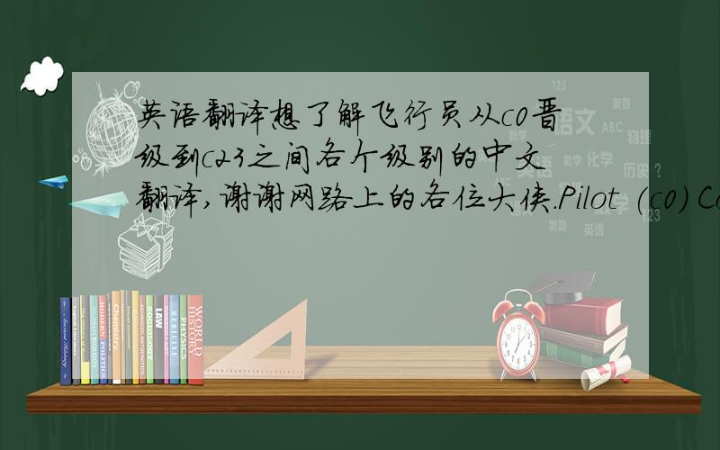 英语翻译想了解飞行员从c0晋级到c23之间各个级别的中文翻译,谢谢网路上的各位大侠.Pilot (c0) Commercial Pilot (c1) IFR Commercial Pilot (c2) Second Officer (c3)Senior Second Officer (c4)Master Second Officer (c5)First Of