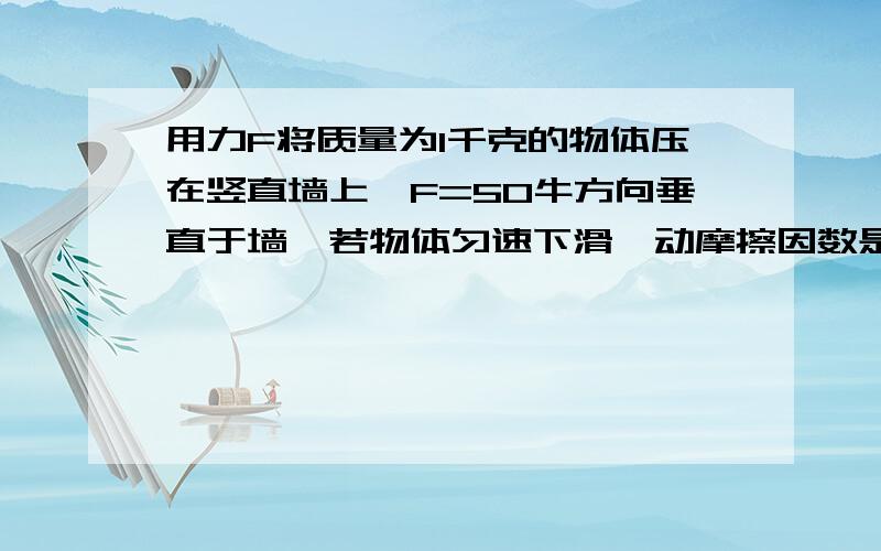 用力F将质量为1千克的物体压在竖直墙上,F=50牛方向垂直于墙,若物体匀速下滑,动摩擦因数是————,若撤去力,当铁块沿着墙壁自由下落时,铁块受到的滑动摩擦力为————在线等!谢谢!~~~