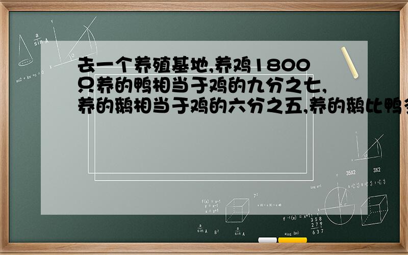 去一个养殖基地,养鸡1800只养的鸭相当于鸡的九分之七,养的鹅相当于鸡的六分之五,养的鹅比鸭多多少只?