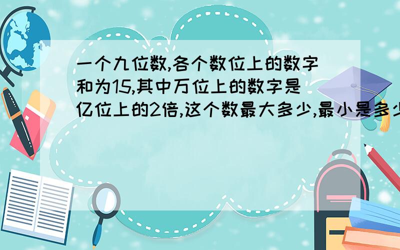 一个九位数,各个数位上的数字和为15,其中万位上的数字是亿位上的2倍,这个数最大多少,最小是多少?