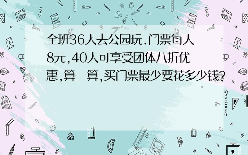 全班36人去公园玩.门票每人8元,40人可享受团体八折优惠,算一算,买门票最少要花多少钱?