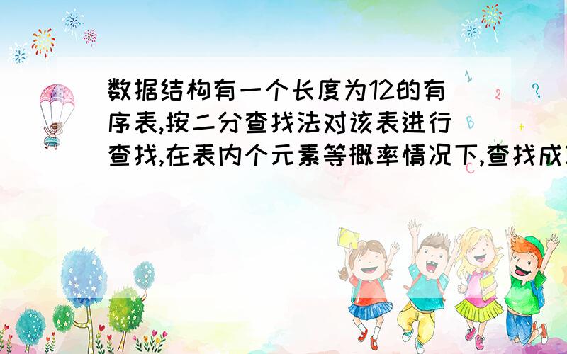 数据结构有一个长度为12的有序表,按二分查找法对该表进行查找,在表内个元素等概率情况下,查找成功所需A.35/12B .37/12C.39/12D.43/12所需比较次数为