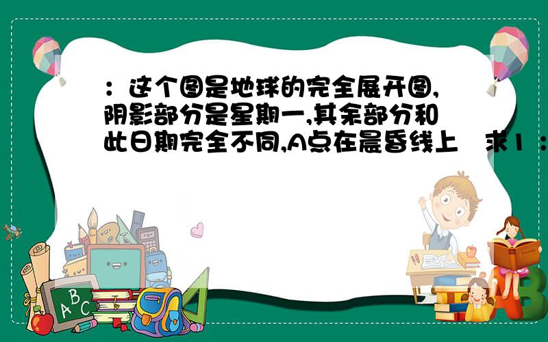 ：这个图是地球的完全展开图,阴影部分是星期一,其余部分和此日期完全不同,A点在晨昏线上   求1 ：此时,北京时间是多少 2：A点的叙述正确的是?